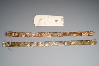 Two jade belts and a jade ritual axe, 20th C.