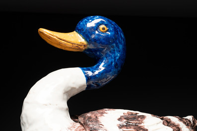 A polychrome Brussels faience duck-shaped tureen and cover, 2nd half 18th C.