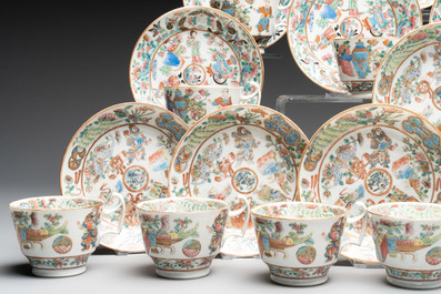 14 Chinese Canton famille rose 'Wu Shuang Pu-style' cups and saucers, 19th C.