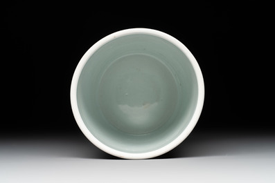 A Chinese famille verte coral-red-ground 'chrysanthemum scroll' brush pot, Kangxi