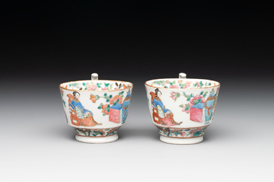 14 Chinese Canton famille rose 'Wu Shuang Pu-style' cups and saucers, 19th C.