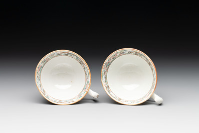 14 Chinese Canton famille rose 'Wu Shuang Pu-style' cups and saucers, 19th C.