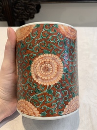 A Chinese famille verte coral-red-ground 'chrysanthemum scroll' brush pot, Kangxi
