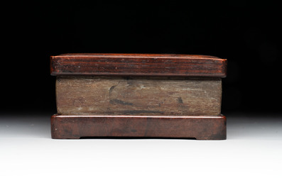 Two Chinese carved bamboo brush pots and an ink stone with wooden cover and stand, signed He Xuanting 何選廷 and Dian Liangbi 典良弼, 19th C.