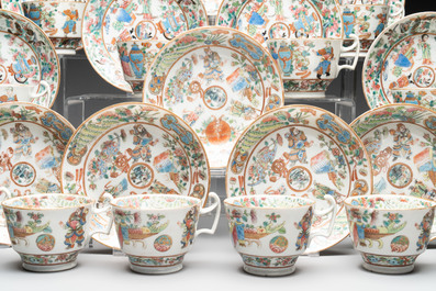 14 Chinese Canton famille rose 'Wu Shuang Pu-style' cups and saucers, 19th C.
