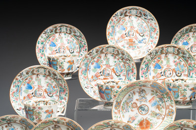 14 Chinese Canton famille rose 'Wu Shuang Pu-style' cups and saucers, 19th C.