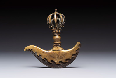 A Tibetan brass and iron kartika with incised dragon design, 19th C.