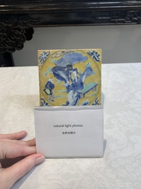 A Chinese green-and-yellow-enamelled blue and white 'Long Eliza' tile, Kangxi
