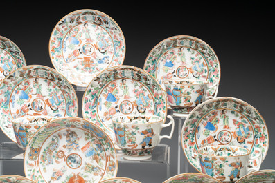 14 Chinese Canton famille rose 'Wu Shuang Pu-style' cups and saucers, 19th C.
