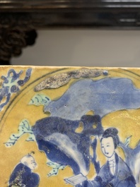 A Chinese green-and-yellow-enamelled blue and white 'Long Eliza' tile, Kangxi