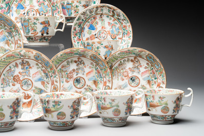 14 Chinese Canton famille rose 'Wu Shuang Pu-style' cups and saucers, 19th C.
