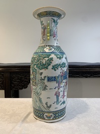 Two Chinese famille rose vases with birds among flowers and narrative design, 19th C.