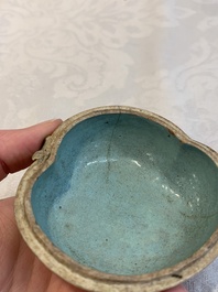 A collection of five Chinese famille rose peaches and pumpkins, including a box and cover, 19th C.