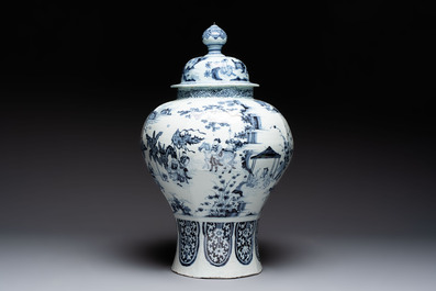 A large blue and white Dutch Delft chinoiserie vase and cover, late 17th C.