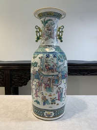 Two Chinese famille rose vases with birds among flowers and narrative design, 19th C.