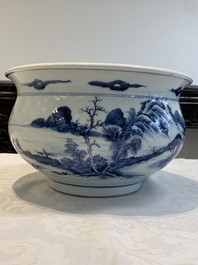 A Chinese blue and white 'river landscape' censer, 18th C.