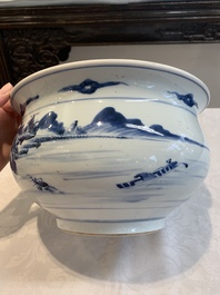 A Chinese blue and white 'river landscape' censer, 18th C.