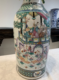 Two Chinese famille rose vases with birds among flowers and narrative design, 19th C.