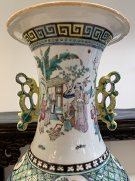 Two Chinese famille rose vases with birds among flowers and narrative design, 19th C.