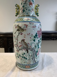 Two Chinese famille rose vases with birds among flowers and narrative design, 19th C.