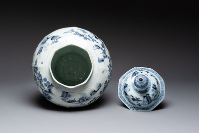 A large blue and white Dutch Delft chinoiserie vase and cover, late 17th C.
