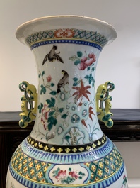 Two Chinese famille rose vases with birds among flowers and narrative design, 19th C.