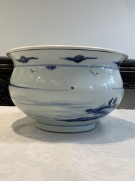 A Chinese blue and white 'river landscape' censer, 18th C.
