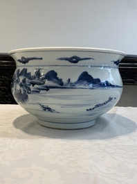 A Chinese blue and white 'river landscape' censer, 18th C.