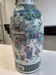 Two Chinese famille rose vases with birds among flowers and narrative design, 19th C.