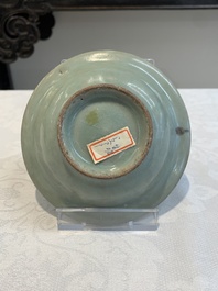 Three Chinese Longquan celadon saucers and an archaistic ge-type vase, Ming/Qing