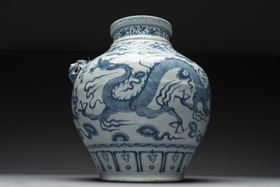 A fine Chinese blue and white 'dragon' vase with mythical-beast-shaped handles, probably Yuan