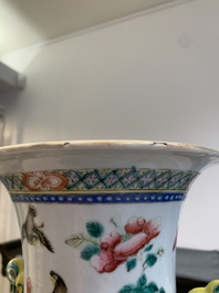 Two Chinese famille rose vases with birds among flowers and narrative design, 19th C.