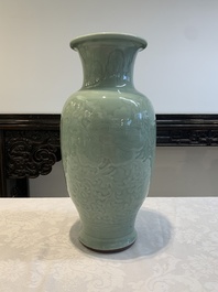 A Chinese celadon-glazed vase with floral design, Qianlong