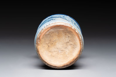 A blue and white Antwerp maiolica 'a foglie' albarello, mid 16th C.