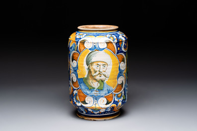 A very large and fine Italian maiolica albarello with two male portrait busts, workshop of Maestro Domenico, Venice, ca. 1540-1550