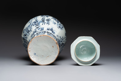 A large blue and white Dutch Delft chinoiserie vase and cover, late 17th C.