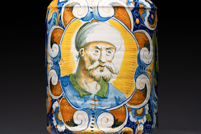 A very large and fine Italian maiolica albarello with two male portrait busts, workshop of Maestro Domenico, Venice, ca. 1540-1550