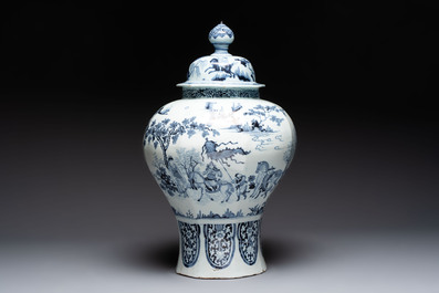 A large blue and white Dutch Delft chinoiserie vase and cover, late 17th C.
