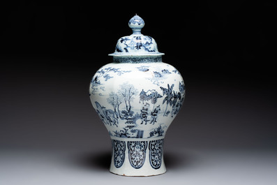 A large blue and white Dutch Delft chinoiserie vase and cover, late 17th C.