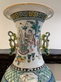Two Chinese famille rose vases with birds among flowers and narrative design, 19th C.