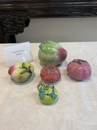 A collection of five Chinese famille rose peaches and pumpkins, including a box and cover, 19th C.