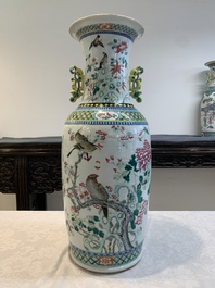 Two Chinese famille rose vases with birds among flowers and narrative design, 19th C.