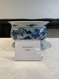 A Chinese blue and white 'river landscape' censer, 18th C.