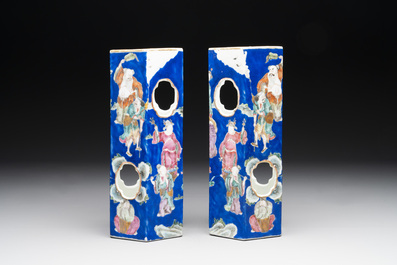 A pair of unusual Chinese blue-ground famille rose 'Eight Immortals' hat stands, Tongzhi mark and of the period