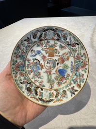 14 Chinese Canton famille rose 'Wu Shuang Pu-style' cups and saucers, 19th C.