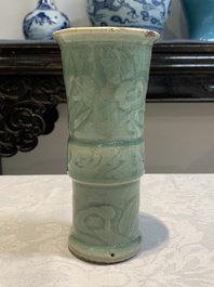 A Chinese Longquan celadon 'gu' vase with 'anhua' floral design and a bowl, Ming