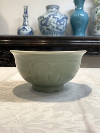 A Chinese Longquan celadon 'gu' vase with 'anhua' floral design and a bowl, Ming