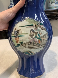 A pair of Chinese famille verte blue-ground lobed vases with figural design, 19th C.