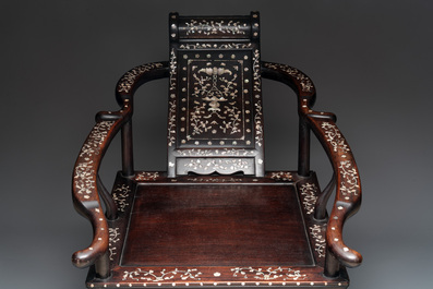 A Chinese mother-of-pearl-inlaid hongmu reclining armchair with a retractable footrest, Canton, 19th C.