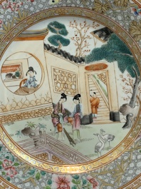 A Chinese famille rose plate with figural design and a dish with floral design, Yongzheng/Qianlong